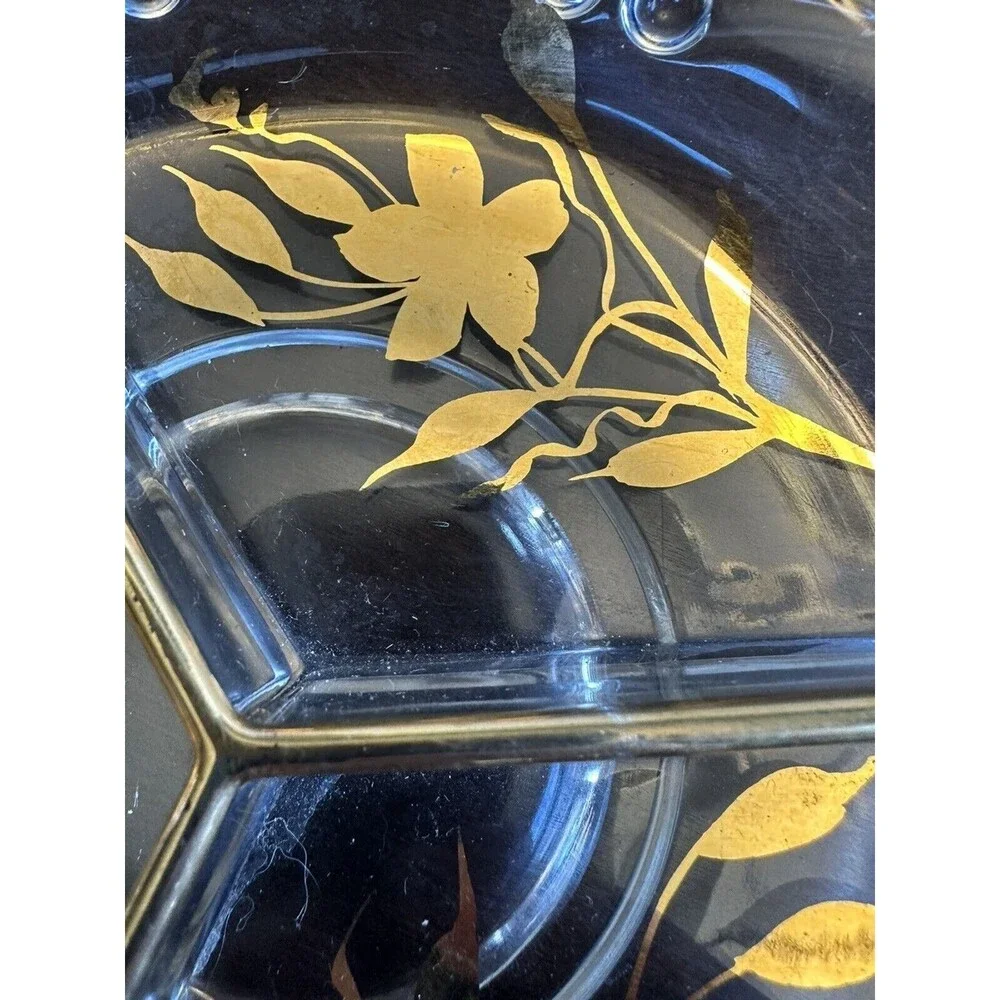 Vintage three sectioned gold trimmed candy dish, 8 inch diameter, MCM, holiday